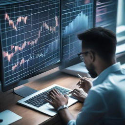 A person signing up for a share market course online, surrounded by stock market charts on a futuristic holographic interface.