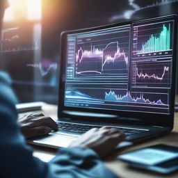 A person signing up for a share market course online, surrounded by stock market charts on a futuristic holographic interface.