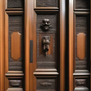 The mugger motif can be seen in the intricate wood carvings on the entrance door of the historical mansion.