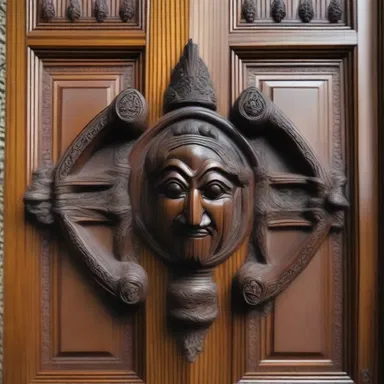 The mugger motif can be seen in the intricate wood carvings on the entrance door of the historical mansion.