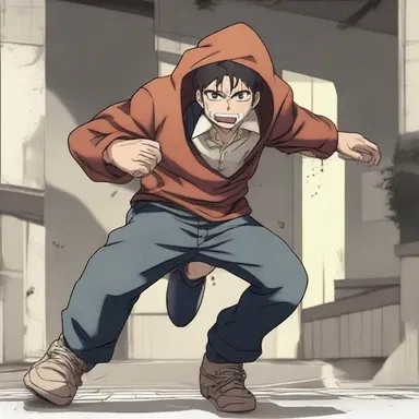 The anime character transformed into a mugger, threatening the protagonist to give up their valuable possessions.