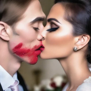 The couple shared a passionate kiss, leaving a soilure of lipstick on each other's faces.