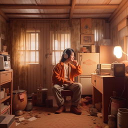 Character listening to a nostalgic song in a simple, 1990s-style house radiating feelings of nostalgia.