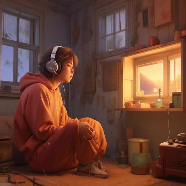 Character listening to a nostalgic song in a simple, 1990s-style house radiating feelings of nostalgia.