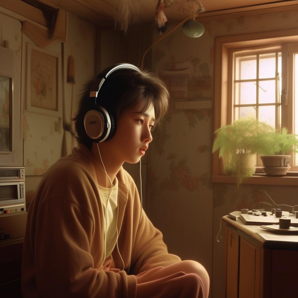 Character listening to a nostalgic song in a simple, 1990s-style house radiating feelings of nostalgia.