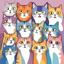 A high-quality digital art piece showcasing a group of diverse cats, each with unique fur patterns and expressions, booing at a single cat in the center