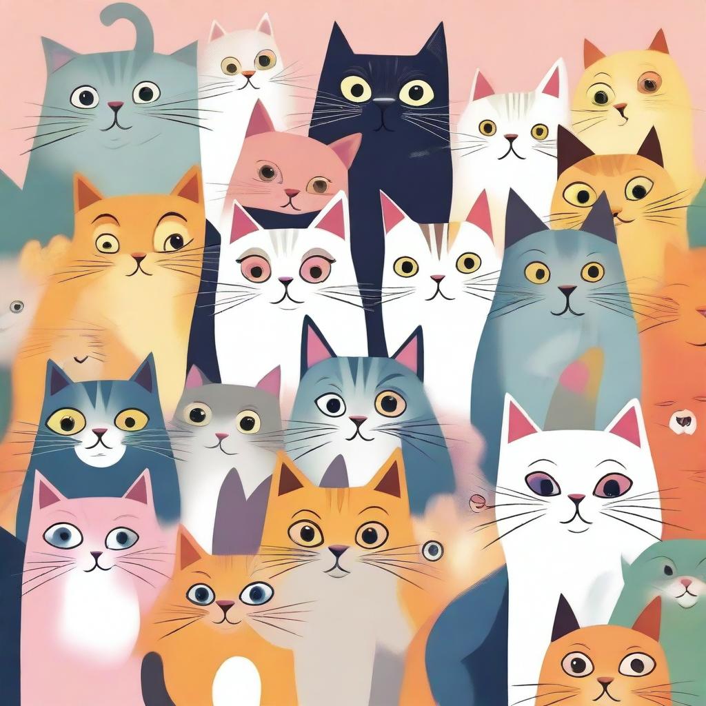 A high-quality digital art piece showcasing a group of diverse cats, each with unique fur patterns and expressions, booing at a single cat in the center