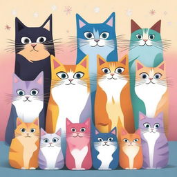 A high-quality digital art piece showcasing a group of diverse cats, each with unique fur patterns and expressions, booing at a single cat in the center