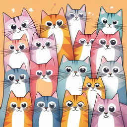 A high-quality digital art piece showcasing a group of diverse cats, each with unique fur patterns and expressions, booing at a single cat in the center