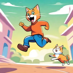 This is a high-quality digital art image showing a playful scene where a human is chasing a quick, agile cat