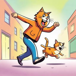 This is a high-quality digital art image showing a playful scene where a human is chasing a quick, agile cat