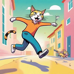 This is a high-quality digital art image showing a playful scene where a human is chasing a quick, agile cat