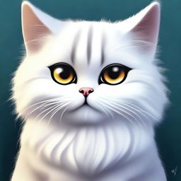 A high-quality digital art image featuring a small, fluffy cat with a sad expression