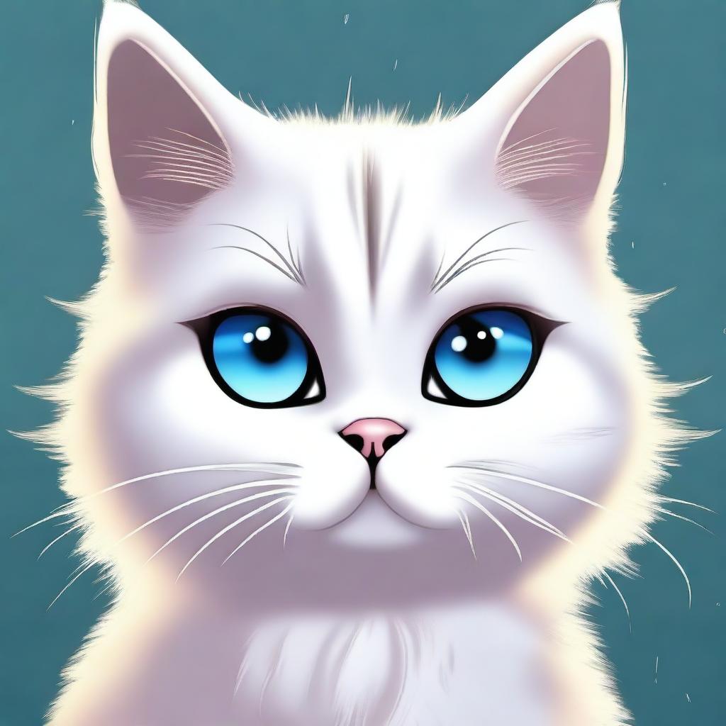 A high-quality digital art image featuring a small, fluffy cat with a sad expression