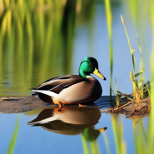 A colorful duck enjoying a piece of bread on the edge of a serene pond surrounded by a grassy bank.