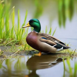 A colorful duck enjoying a piece of bread on the edge of a serene pond surrounded by a grassy bank.