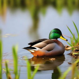 A colorful duck enjoying a piece of bread on the edge of a serene pond surrounded by a grassy bank.