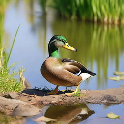 A colorful duck enjoying a piece of bread on the edge of a serene pond surrounded by a grassy bank.