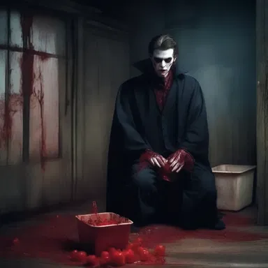 In the midst of the haunted house, the vampire began to go through the blood bags.
