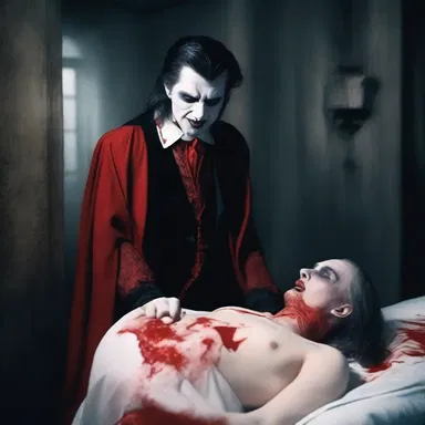 In the midst of the haunted house, the vampire began to go through the blood bags.