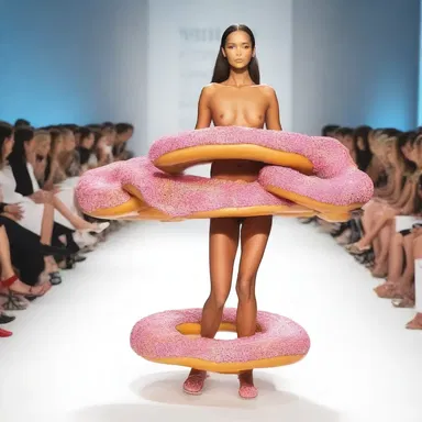 At the fashion show, the model confidently strutted down the runway and demonstrated how to go through an entire plate of donuts.