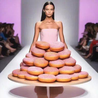 At the fashion show, the model confidently strutted down the runway and demonstrated how to go through an entire plate of donuts.