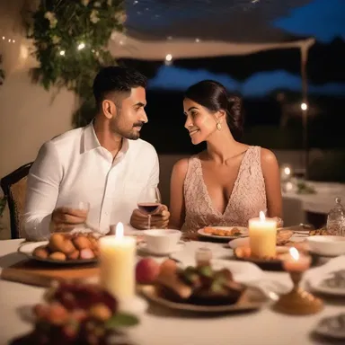 During their candlelit dinner, the couple passionately went through a mesmerizing spread of delicacies, lost in each other's company.