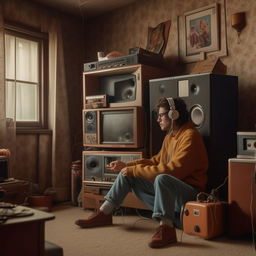 A nostalgic character listening to music in a simple, nostalgic house from the 90s