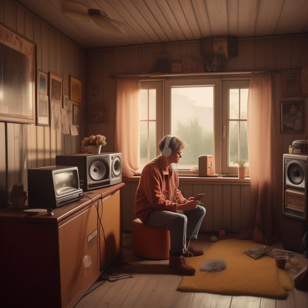 A nostalgic character listening to music in a simple, nostalgic house from the 90s