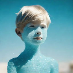 A boy made entirely of sparkling, semi-transparent aquamarine crystals, gleaming under a soft sunlight.