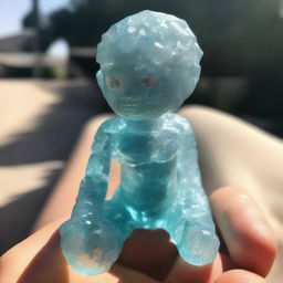 A boy made entirely of sparkling, semi-transparent aquamarine crystals, gleaming under a soft sunlight.