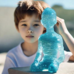 A boy made entirely of sparkling, semi-transparent aquamarine crystals, gleaming under a soft sunlight.