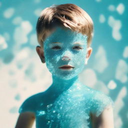 A boy made entirely of sparkling, semi-transparent aquamarine crystals, gleaming under a soft sunlight.