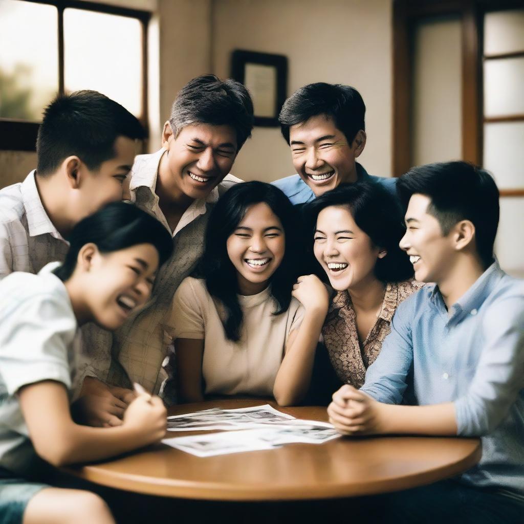 A group of Asian school friends reunited, reminiscing, laughing, and sharing memories within the nostalgic ambiance of an old photograph.