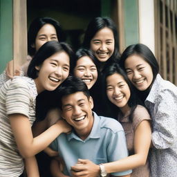 A group of Asian school friends reunited, reminiscing, laughing, and sharing memories within the nostalgic ambiance of an old photograph.