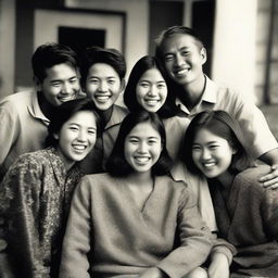 A group of Asian school friends reunited, reminiscing, laughing, and sharing memories within the nostalgic ambiance of an old photograph.