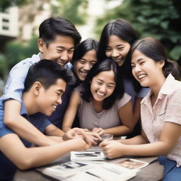 A group of Asian school friends reunited, reminiscing, laughing, and sharing memories within the nostalgic ambiance of an old photograph.