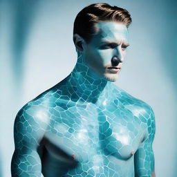 A man composed entirely of shimmering, translucent aquamarine, reflecting light in mesmerizing patterns.