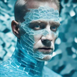 A man composed entirely of shimmering, translucent aquamarine, reflecting light in mesmerizing patterns.