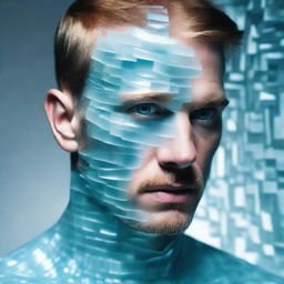 A man composed entirely of shimmering, translucent aquamarine, reflecting light in mesmerizing patterns.