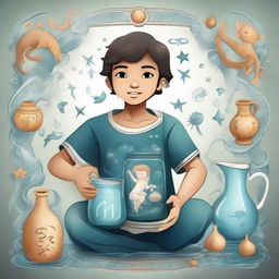 A young boy embodying the Aquarius zodiac sign, holding a water jug and surrounded by symbols of air and water.