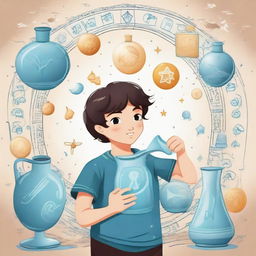 A young boy embodying the Aquarius zodiac sign, holding a water jug and surrounded by symbols of air and water.