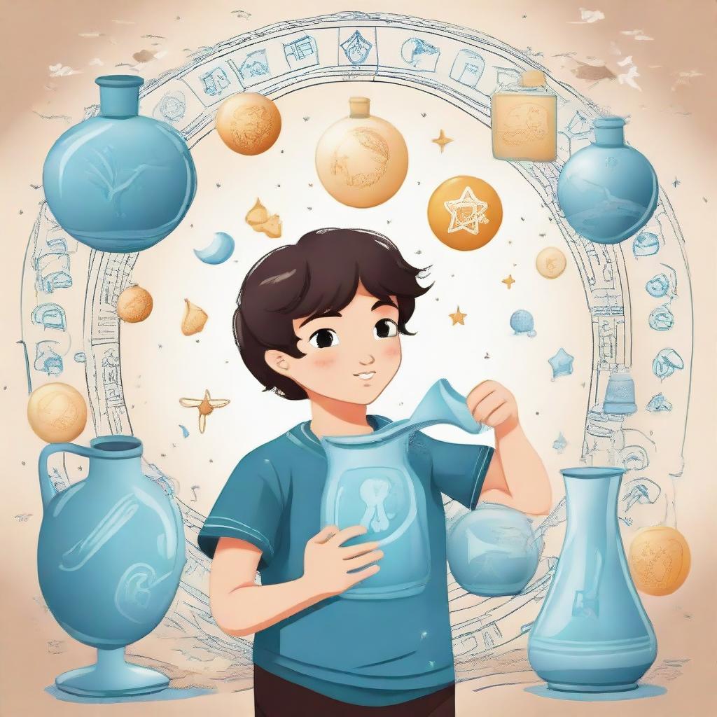 A young boy embodying the Aquarius zodiac sign, holding a water jug and surrounded by symbols of air and water.