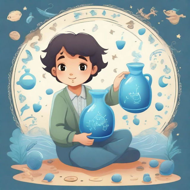 A young boy embodying the Aquarius zodiac sign, holding a water jug and surrounded by symbols of air and water.