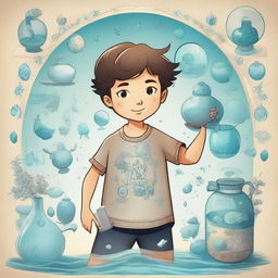 A young boy embodying the Aquarius zodiac sign, holding a water jug and surrounded by symbols of air and water.