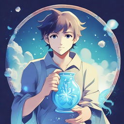 An anime-style illustration of a youthful male character embodying the Aquarius zodiac sign, holding a water jug and radiating a mystical aura.