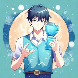 An anime-style illustration of a youthful male character embodying the Aquarius zodiac sign, holding a water jug and radiating a mystical aura.