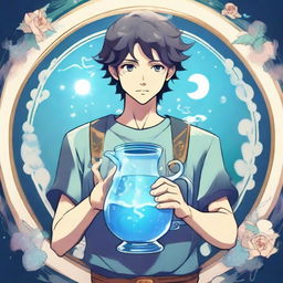 An anime-style illustration of a youthful male character embodying the Aquarius zodiac sign, holding a water jug and radiating a mystical aura.