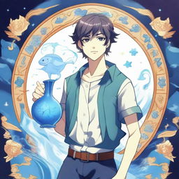 An anime-style illustration of a youthful male character embodying the Aquarius zodiac sign, holding a water jug and radiating a mystical aura.