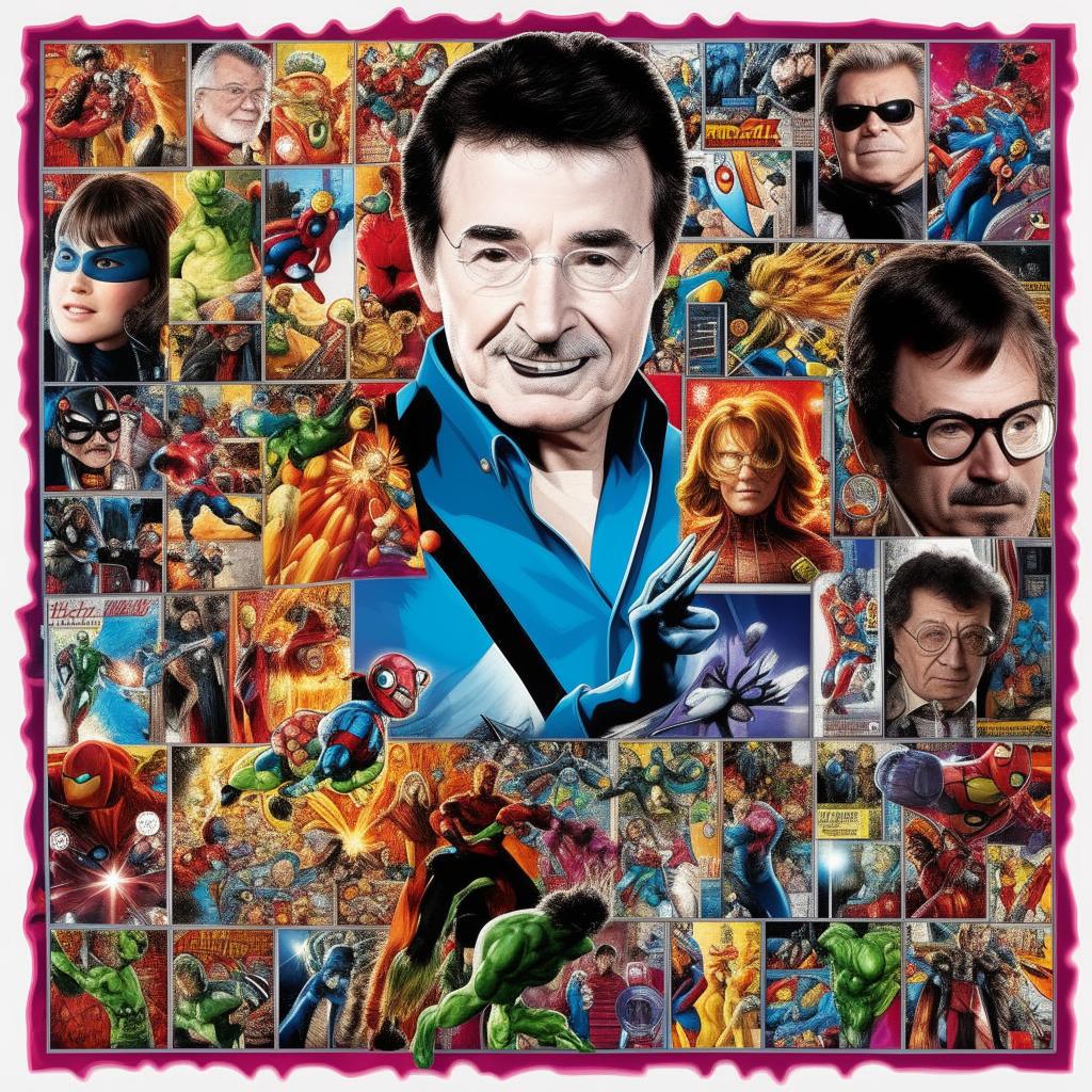 A colorful comic book styled collage featuring Stan Lee's iconic cameos in various Marvel movies, capturing his jovial, whimsical spirit and his intricate connection to the superhero universe.